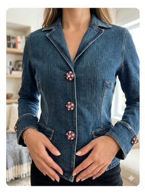 Blue Denim Blazer Jacket Pink Floral Button Snaps Vintage Y2K Fitted large 1409